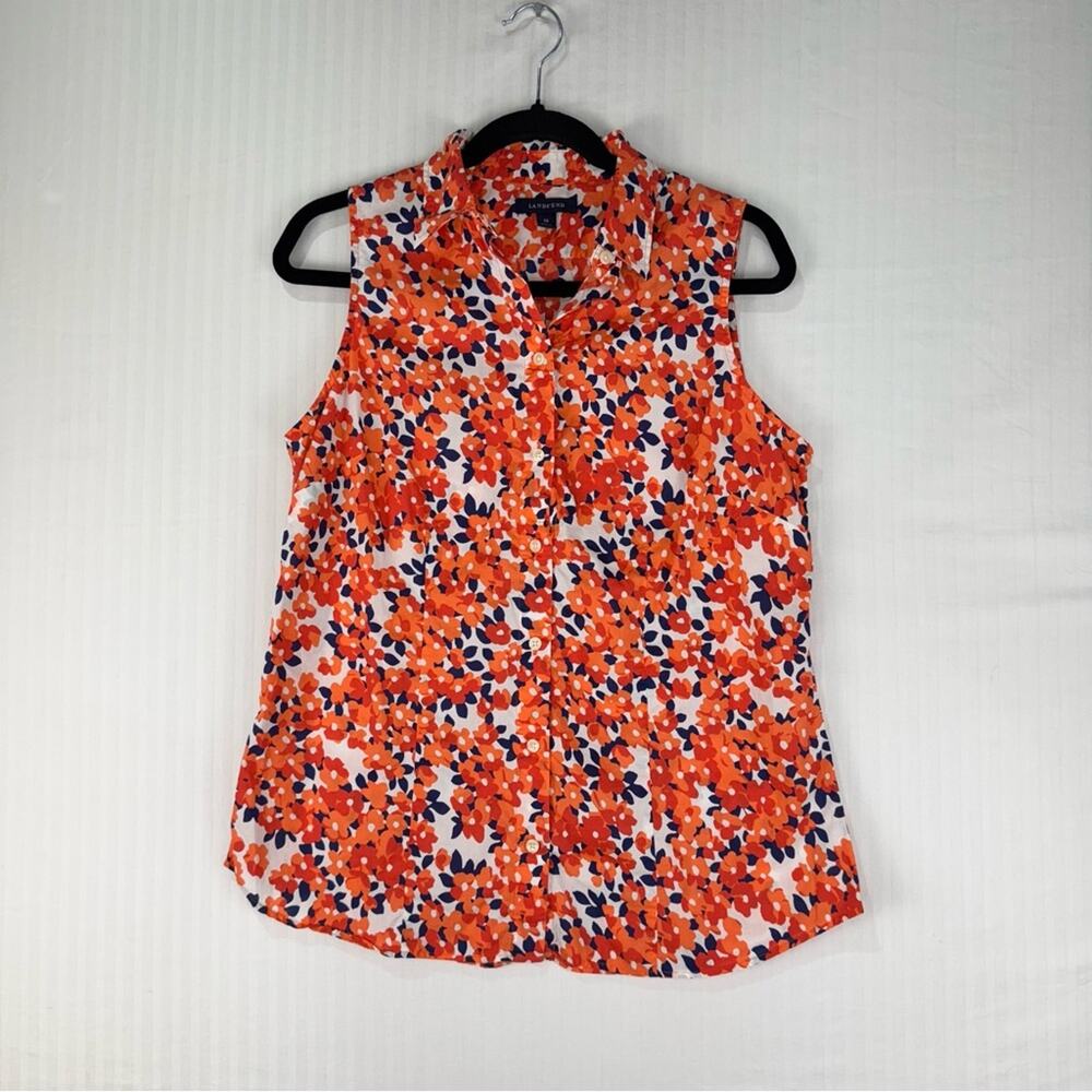 Land’s End Orange & Navy Blue Floral Sleeveless Button-Up Collared Top Size 12